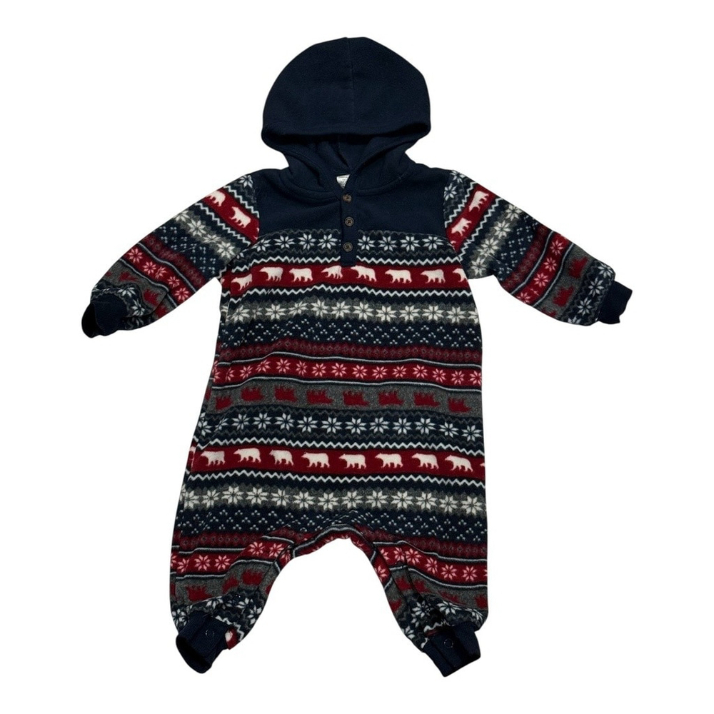 George Baby Hooded Fleece Romper 6-12 Months Bear Snowflake Print Blue Red